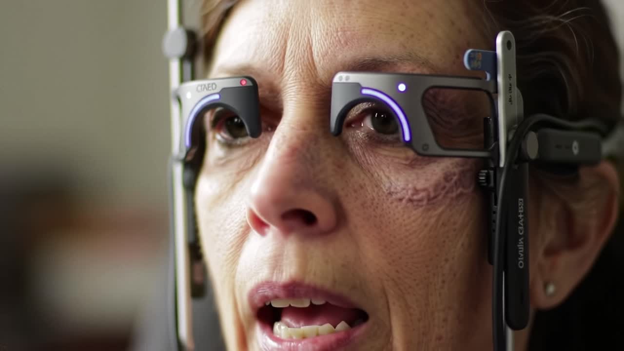Woman undergoing eye examination with specialized equipment