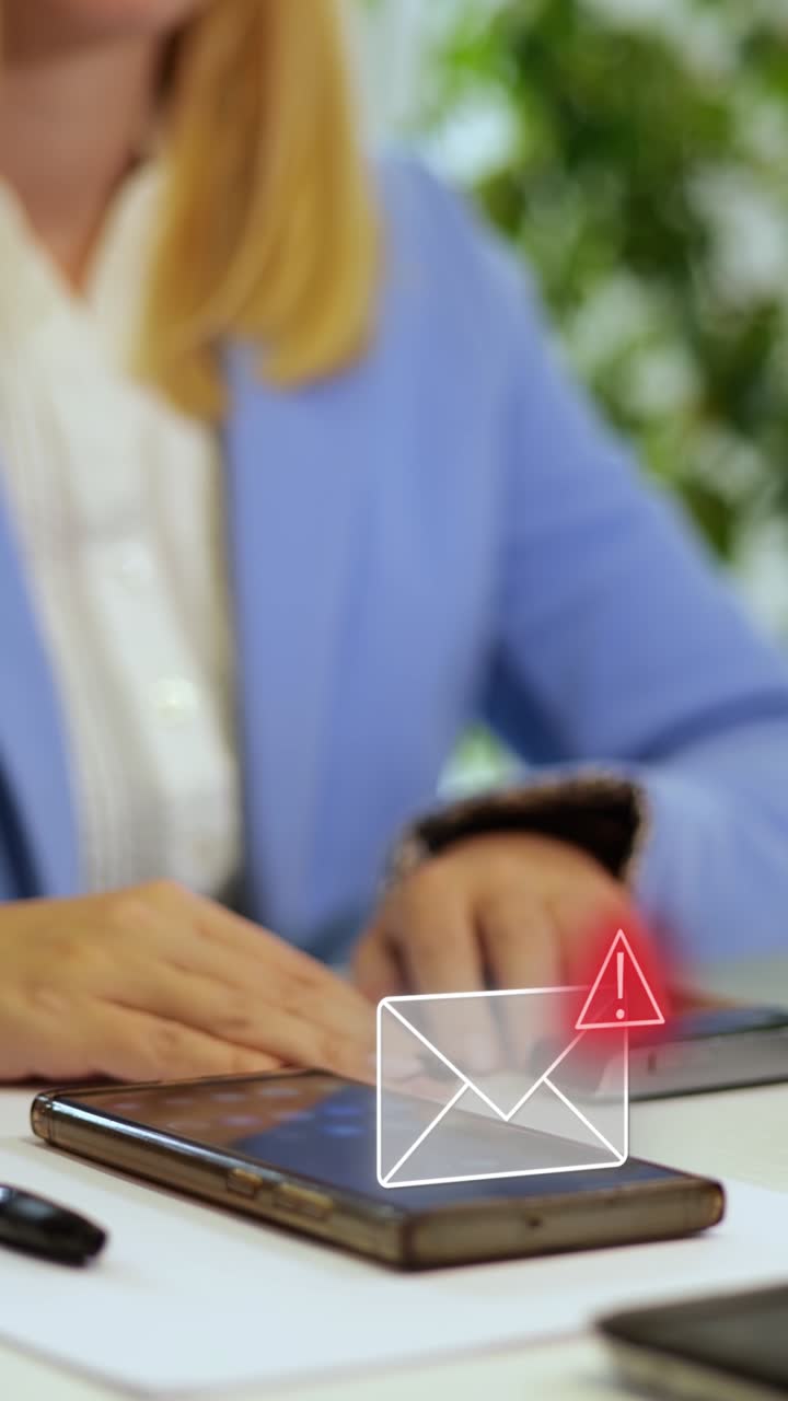 Businesswoman receives a message with a phishing warning sign on screen in modern office. Vertical video