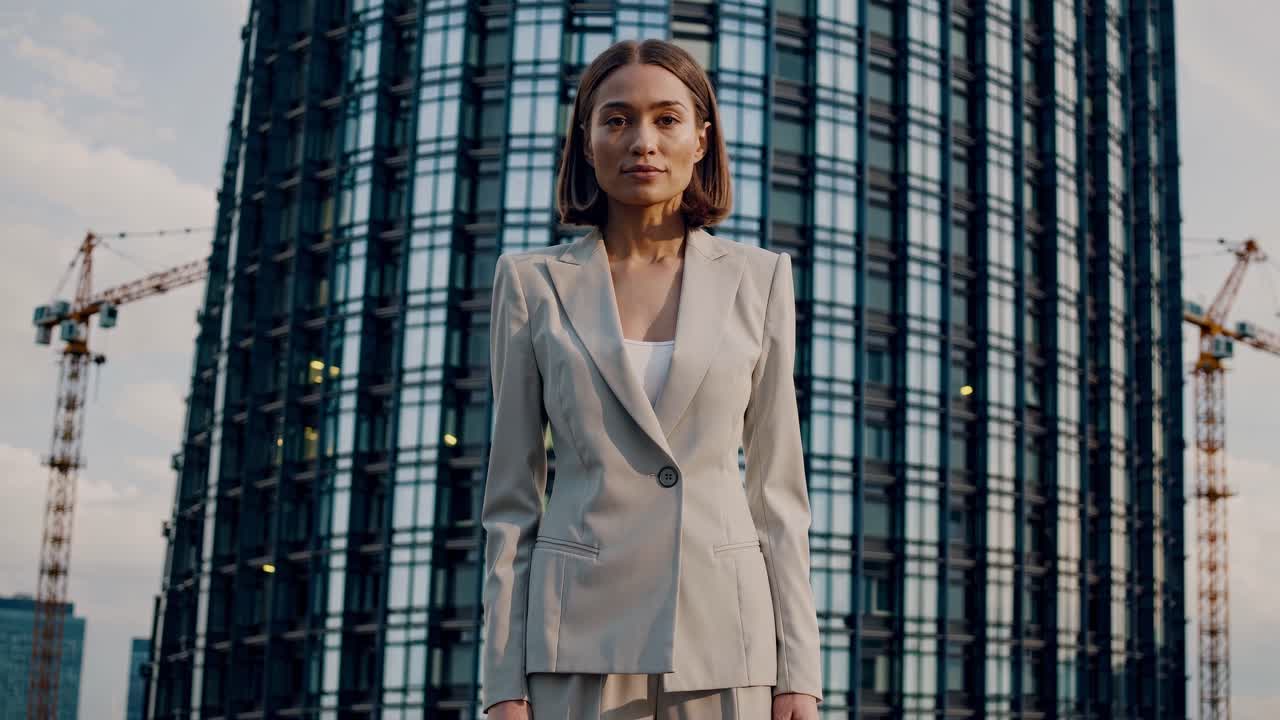 Female architect standing confidently in front of modern construction site, embodying professional vision and urban development progress with contemporary architectural backdrop