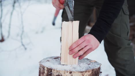 hombre cortando madera en el país de las maravillas de invierno con el perro malamute de alaska ayudando