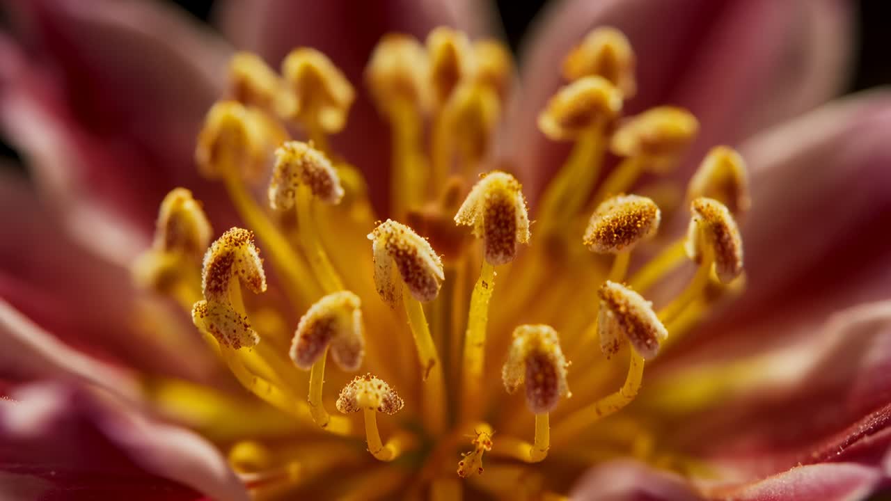 Makrofotografering med fokus på detaljer i pollenbærere, pollenkorn og røde kronblader