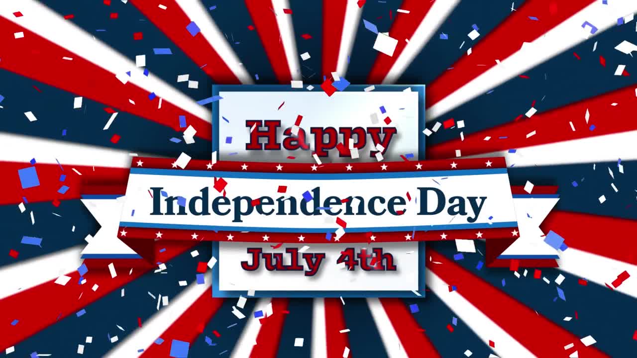 라디얼 배경에 행복한 독립 텍스트 배너 위에 떨어지는 콘페티의 디지털 애니메이션