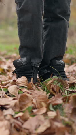 primer plano de pies caminando a través de hojas secas de otoño en un entorno al aire libre pacífico, capturando el movimiento, la conexión con la naturaleza y el sonido del crujido del follaje bajo los pies durante un paseo de otoño