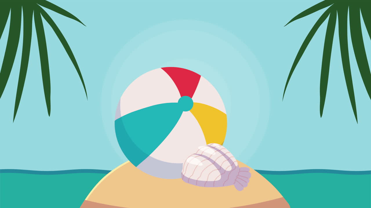 Pemandangan Pantai dengan Bola Pantai dan Kerang