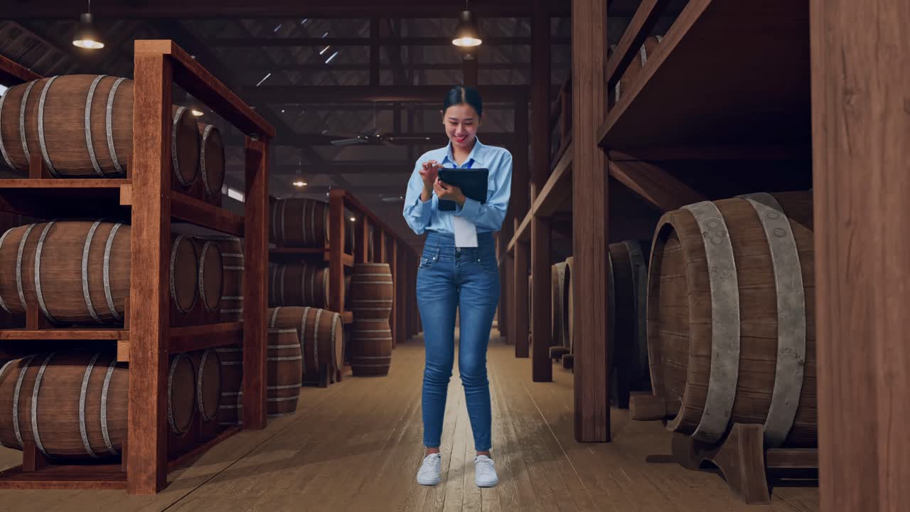 Full Body Of An Asian Female Professional Worker Standing With Her Tablet In Cellar Of Winery, Typing On Her Tablet'S Keybaord With Meditation