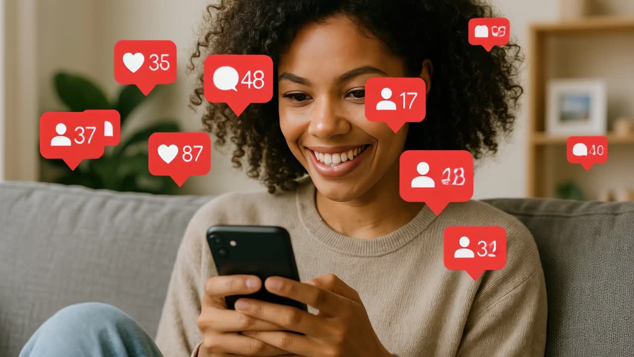 A cheerful woman using a smartphone, surrounded by social media icons