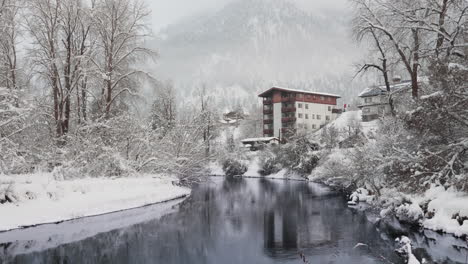 winter in leavenworth, washington, river flow thru foliage winter wood