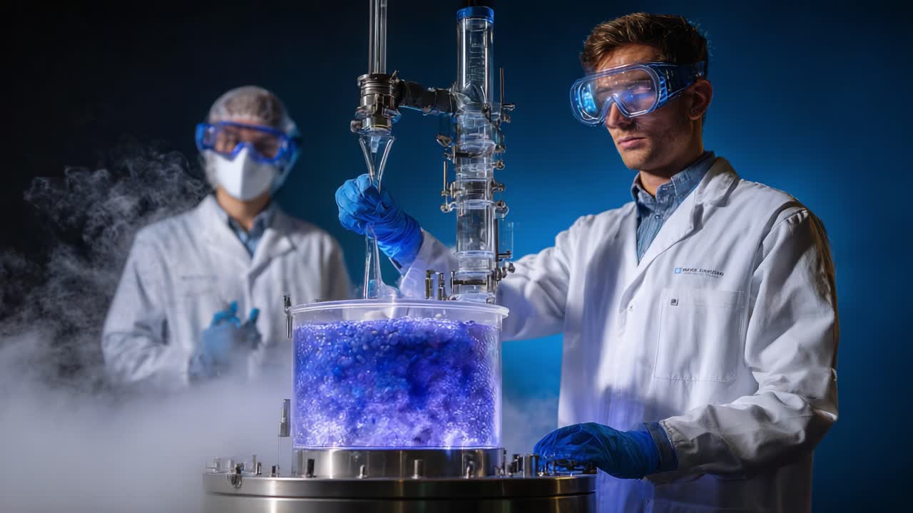 A Chemist Engaged in Scientific Experimentation with a Colorful Reaction in a Laboratory Setting, Highlighting Safety Equipment and Precision Techniques