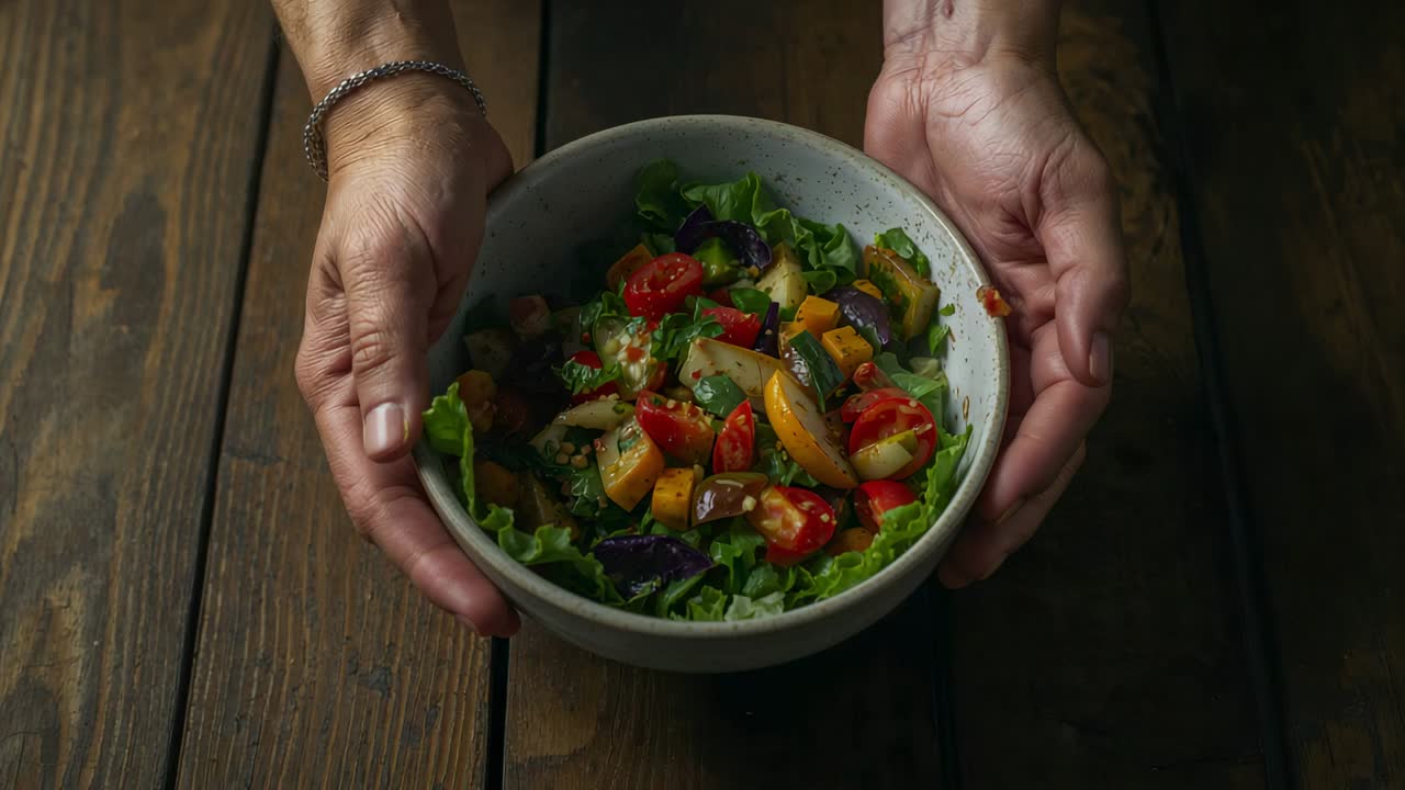 Mani che entrano nell'inquadratura e presentano una ciotola d'insalata variegata su un tavolo rustico, con un braccialetto a catena visibile