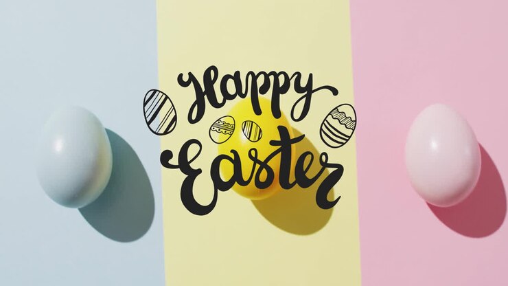 Animation of happy easter text over colourful easter eggs on pink, yellow and blue background