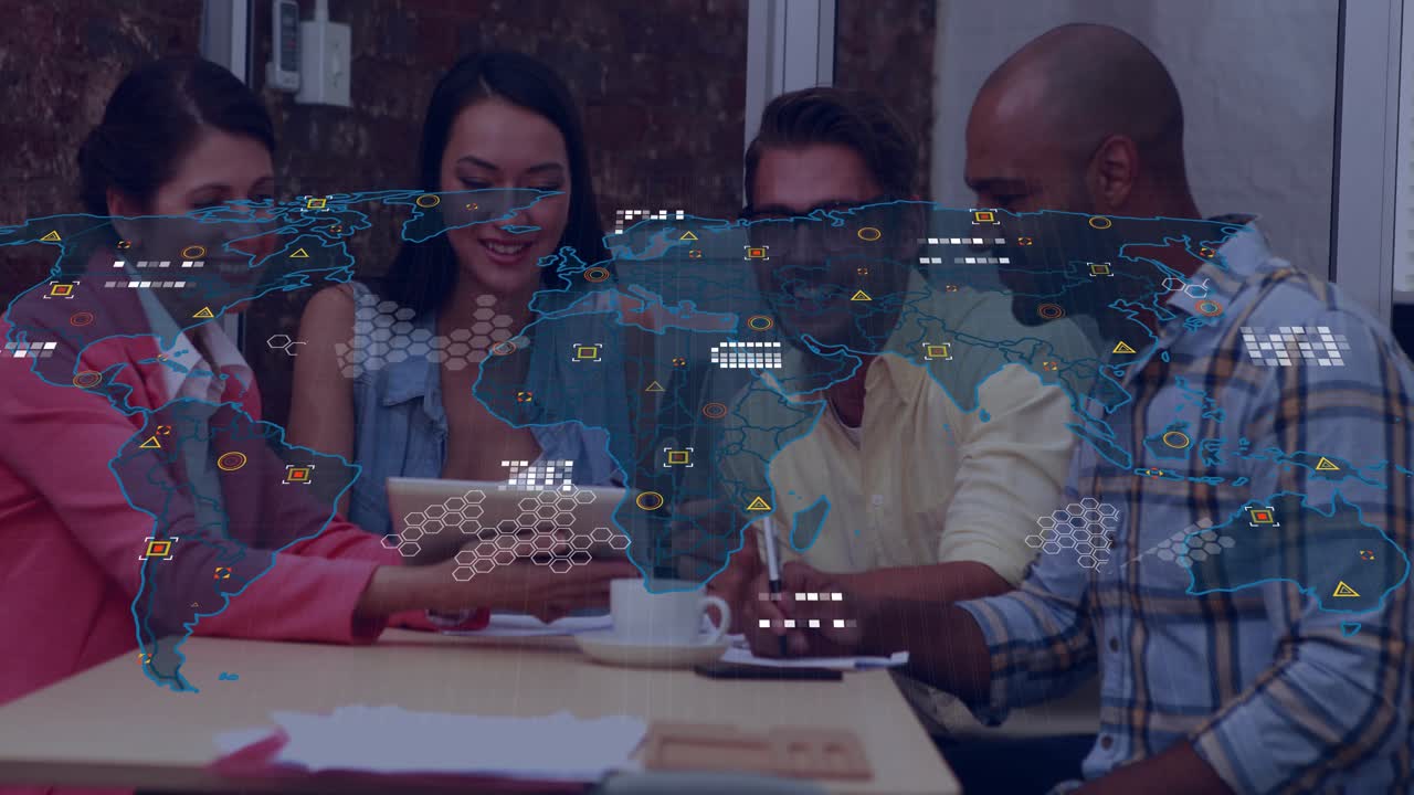 Woman in pink blazer holding tablet, starting map overlay while team reviewing business data