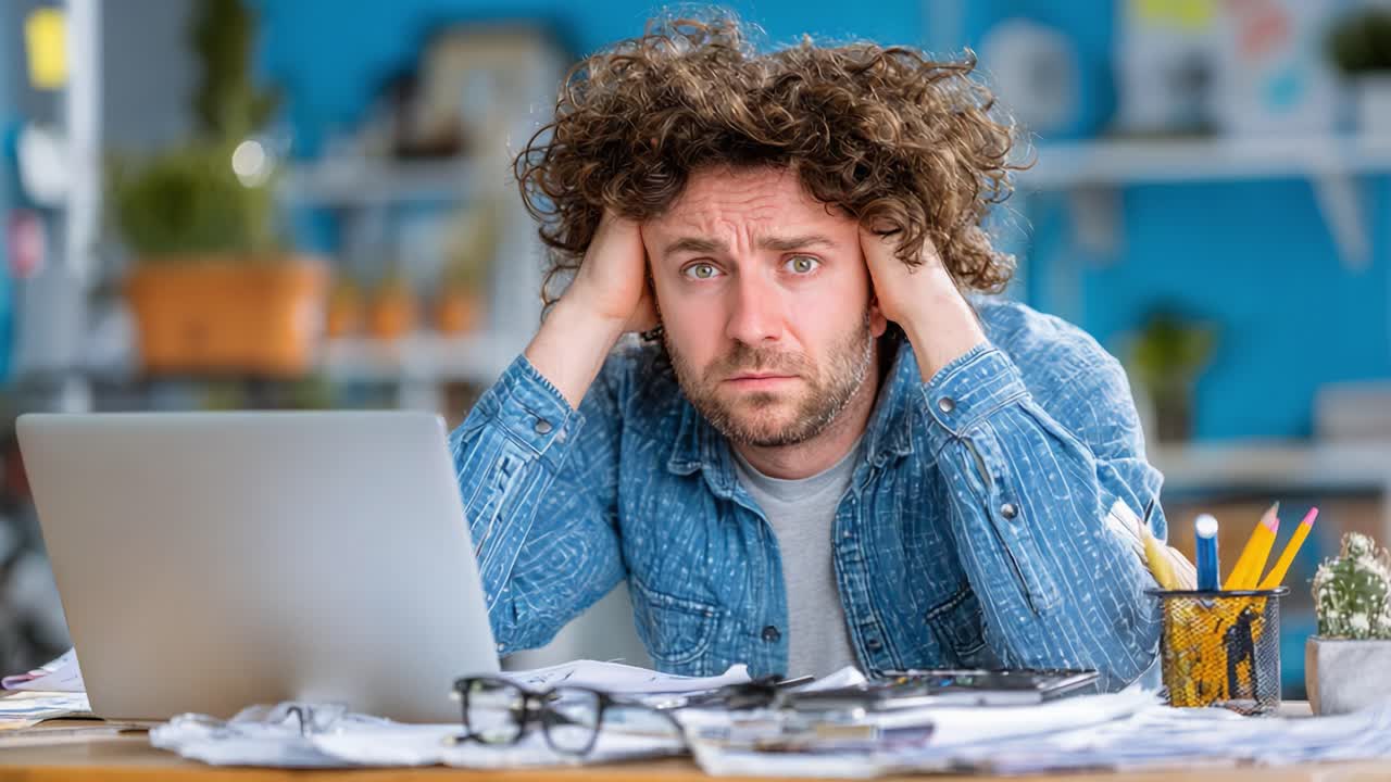 Frustrated Man Dealing with Stress and Overwhelm While Working at Home in Front of Laptop Surrounded by Papers and Office Supplies