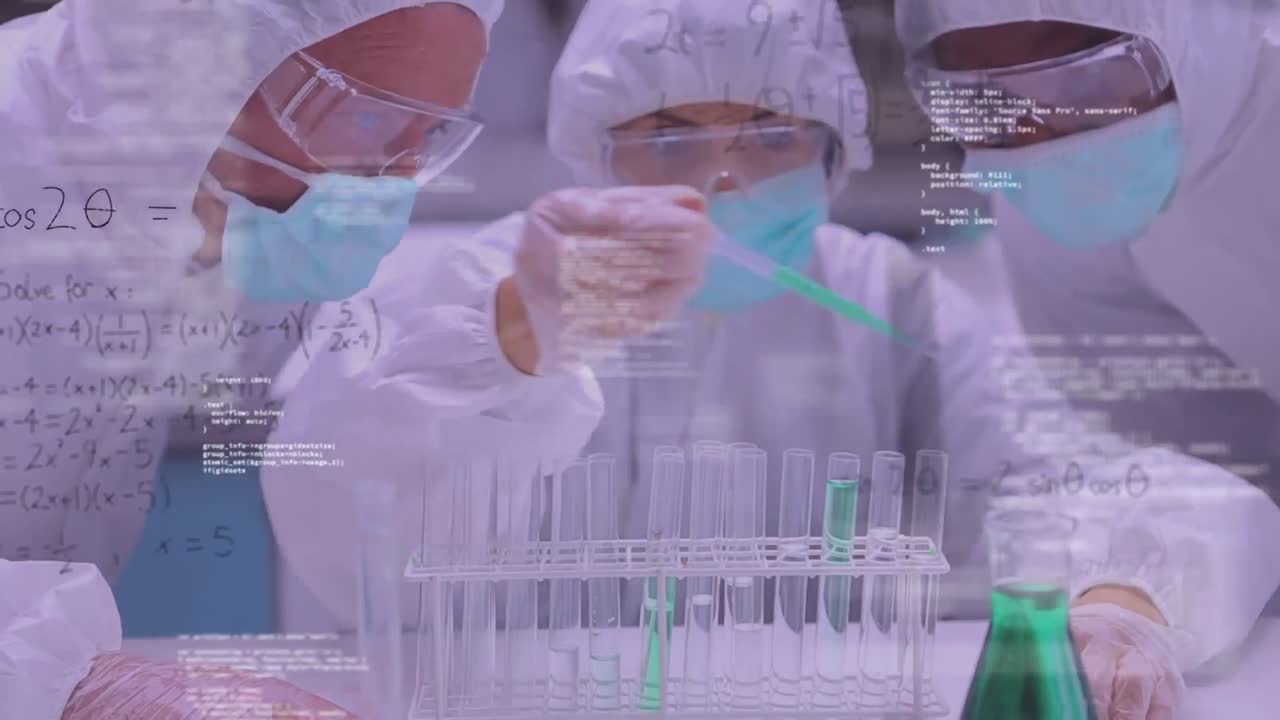 científicos que realizan experimentos contra los símbolos científicos animación