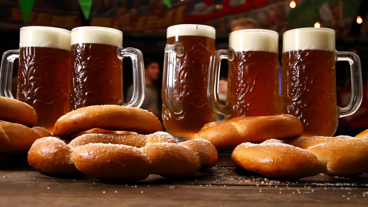 Bierkrüge und Brezeln auf Holztisch, warme bernsteinfarbene Beleuchtung, schaumige Krone auf hohen Glaskrügen, Salz