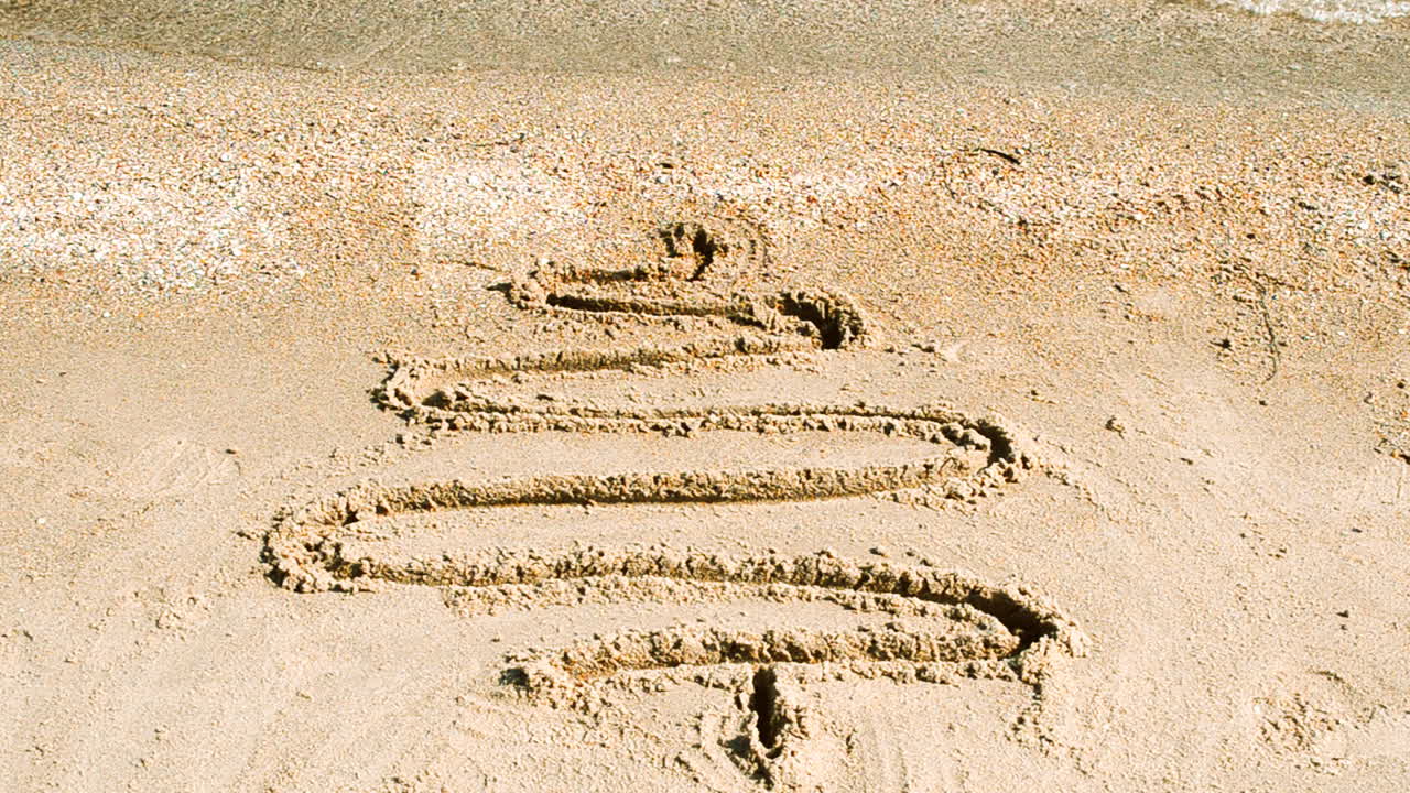 Tegning af grantræ i sand. Optagelse på stranden.