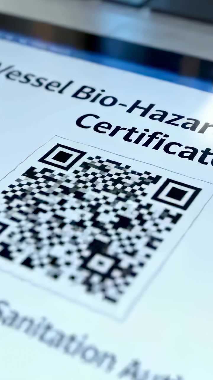 Vertical video: Adjusting camera framing certificate with QR code on desk near laptop for clarity