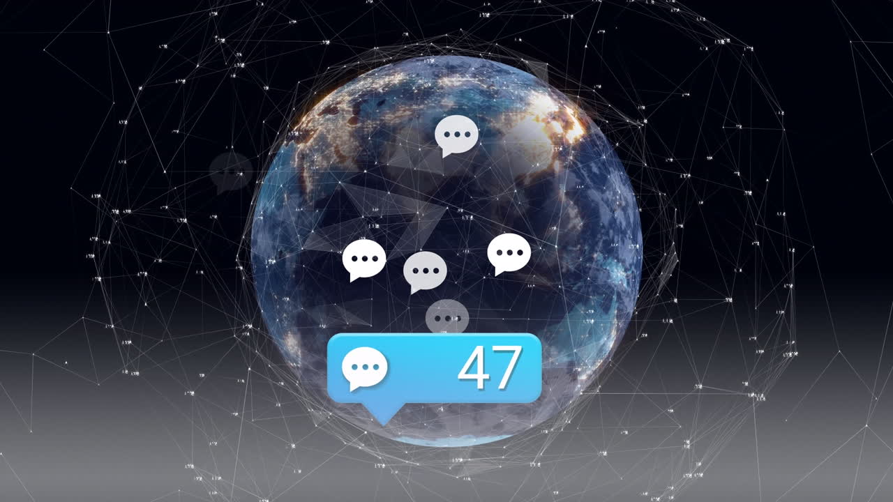 연결 네트워크와 함께 전 세계적으로 증가하는 수의 소셜 미디어 아이콘의 애니메이션