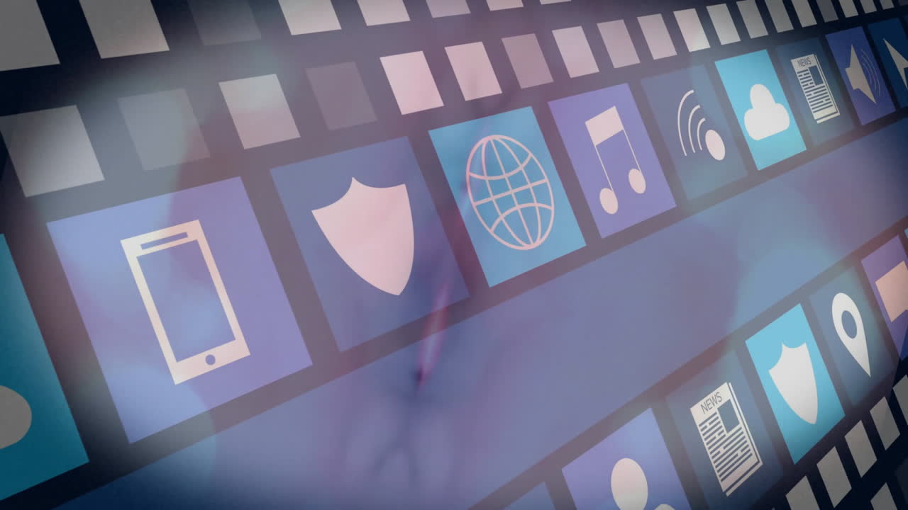 검은 바탕에 있는 미디어 아이콘과 라이트 스 ⁇ 의 애니메이션