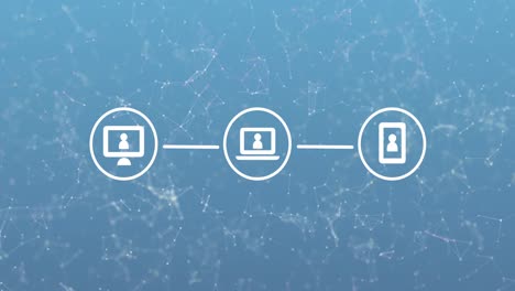 animación de tres iconos de interfaz de computadora digital blancos con estructura de plexo sobre fondo azul