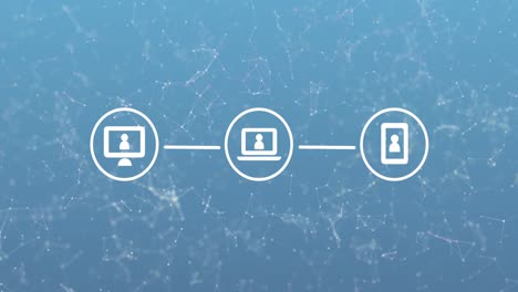 animation of three white digital computer interface icons with plexus structure on blue background