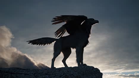 dark mythical wolf silhouette on a rocky peak