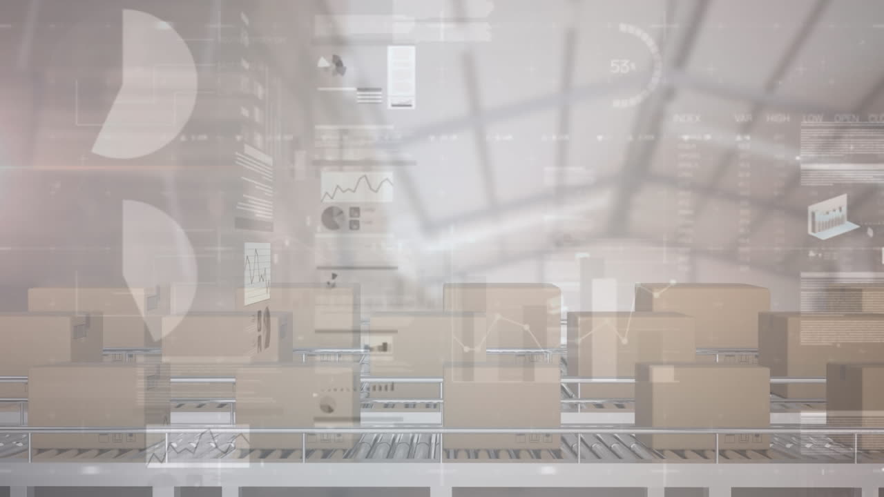 창고의 컨베이어 벨트에 있는 상자 위에서 금융 데이터 처리의 애니메이션