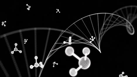 animación de moléculas sobre una cadena de adn sobre un fondo negro