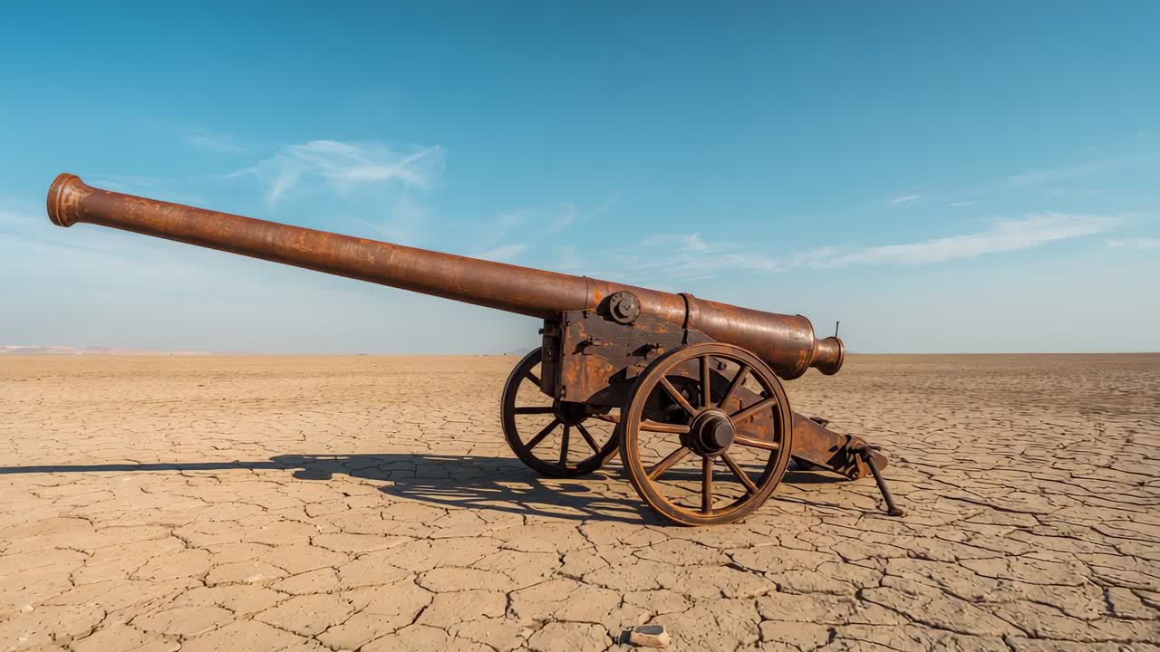 Opening wide showing rusted cannon, wood wheels on cracked earth, camera advancing focusing barrel