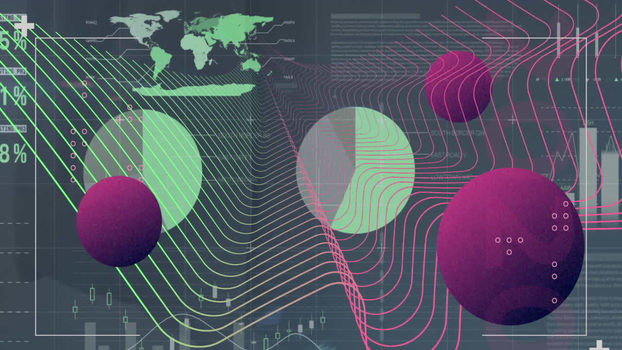 animación de la cadena, procesamiento de datos por computadora sobre el mapa del mundo.