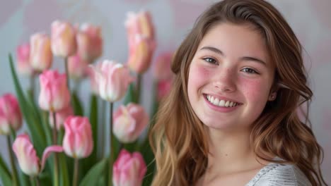 smiling young woman with pink tulips