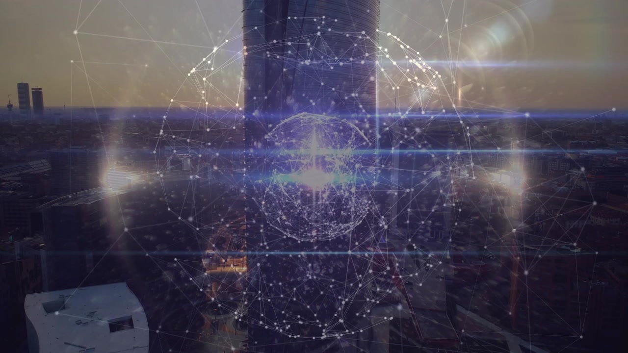 Animation of globe of connections over cityscape