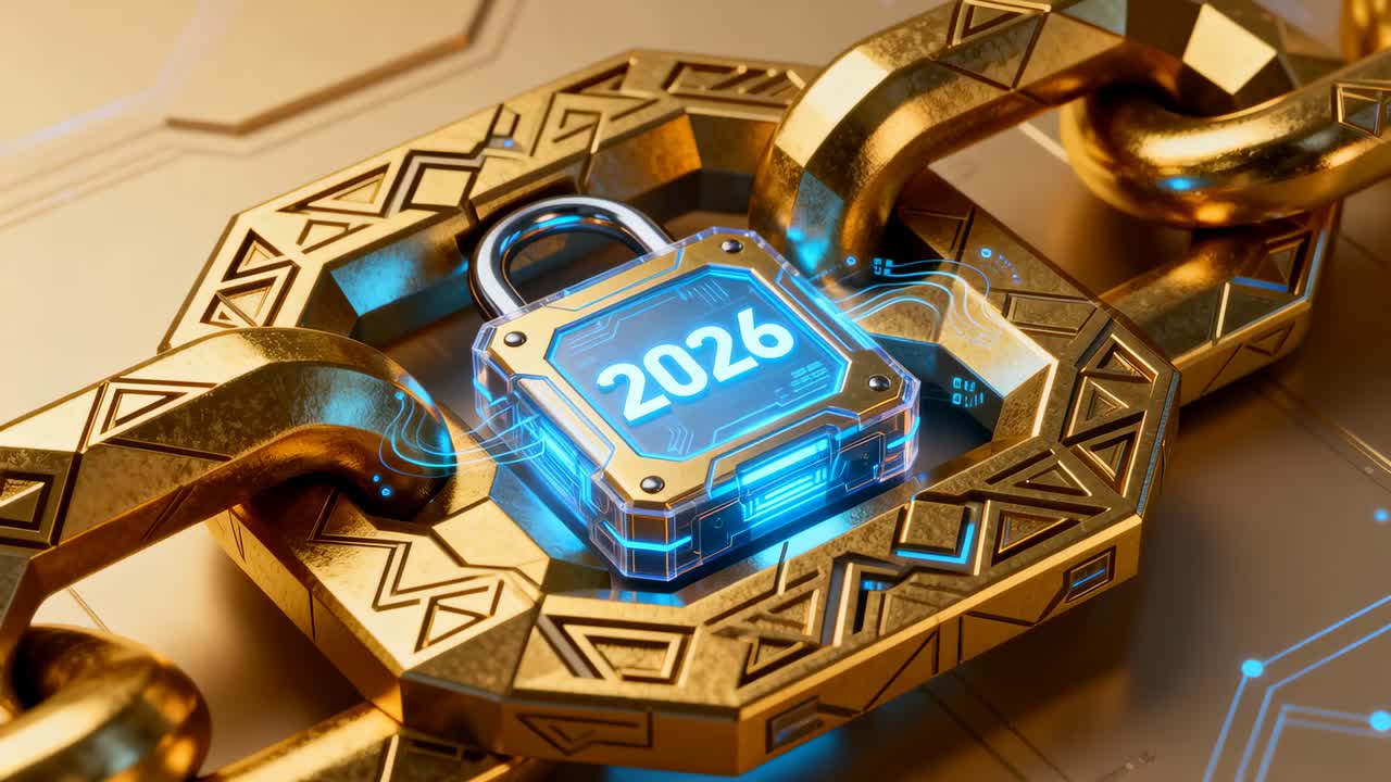 Rotating camera revealing padlock pulsing 2026 readout on hexagon plate, chain emphasizing security