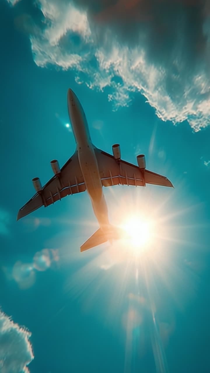 Un aereo maestoso si libra nel cielo luminoso, retroilluminato da un sole splendente, catturando l'essenza del volo e della libertà in queste splendide inquadrature.