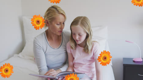 animación de flores sobre madre y hija caucásicas leyendo un libro en la cama