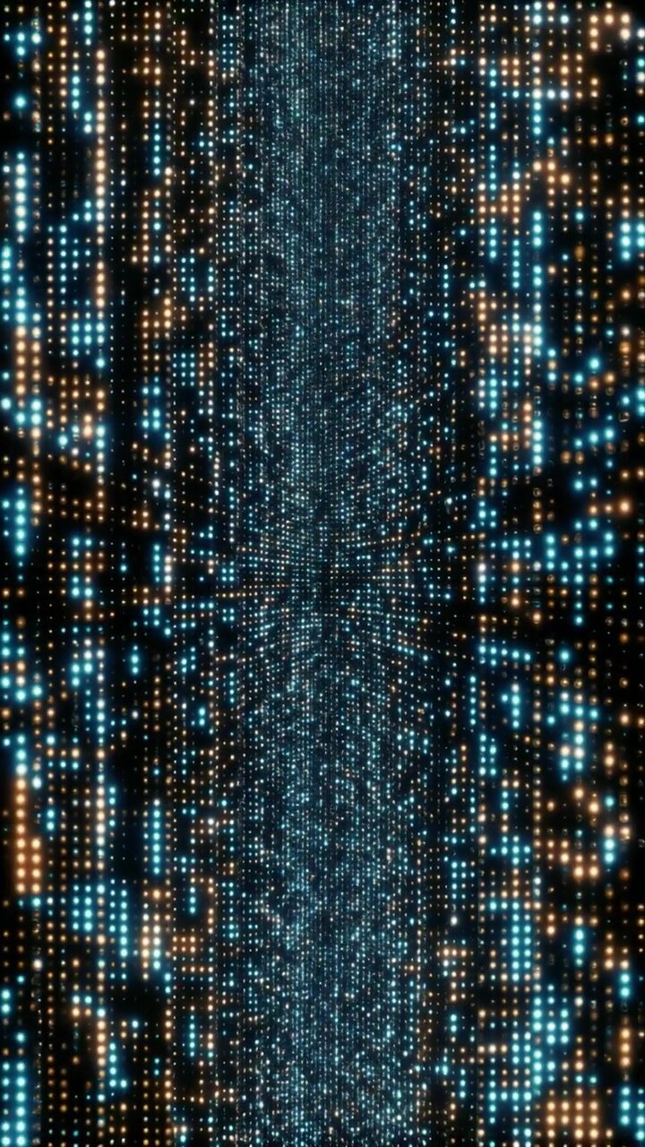 Abstract Digital Data Stream with Glowing Blue and Orange Particles