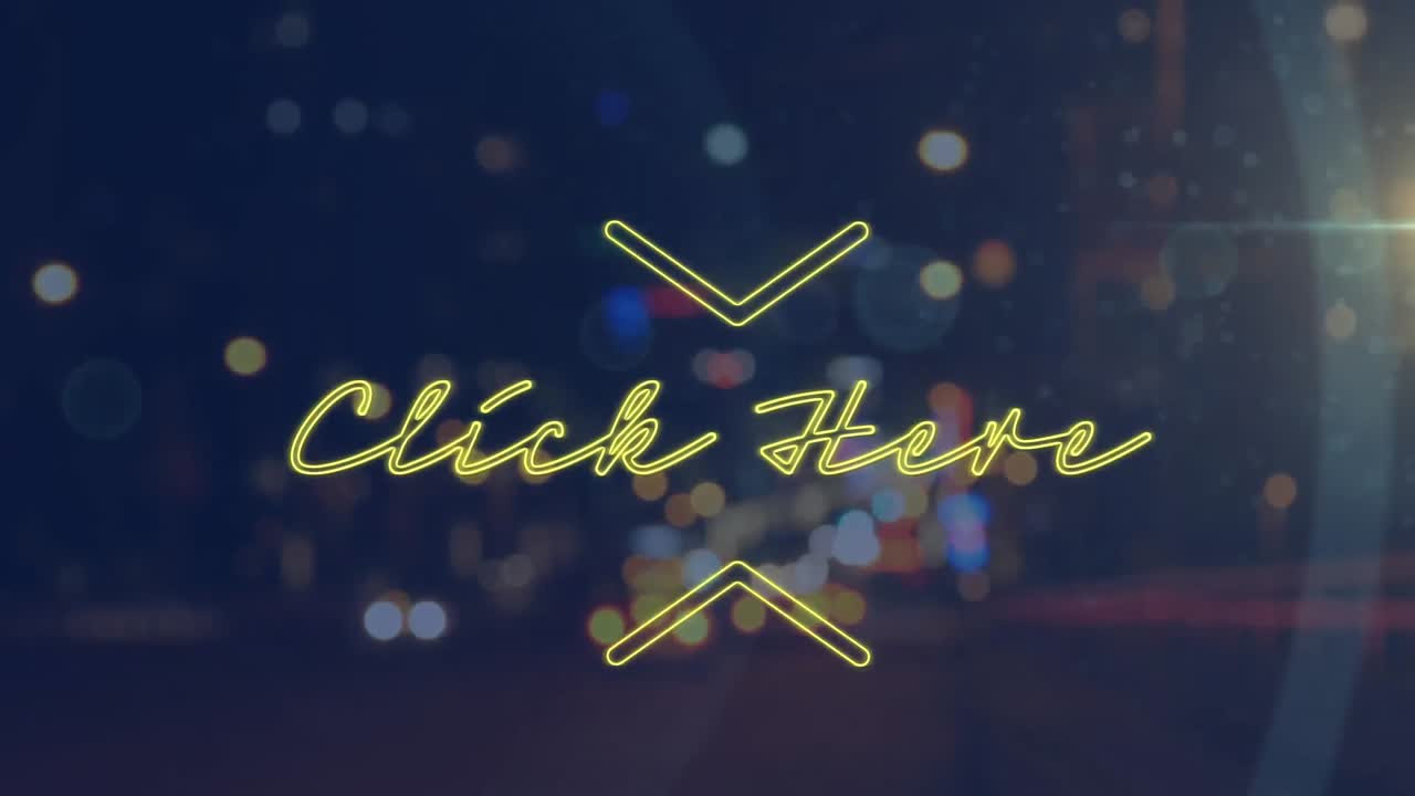 Animation of click here text over cityscape