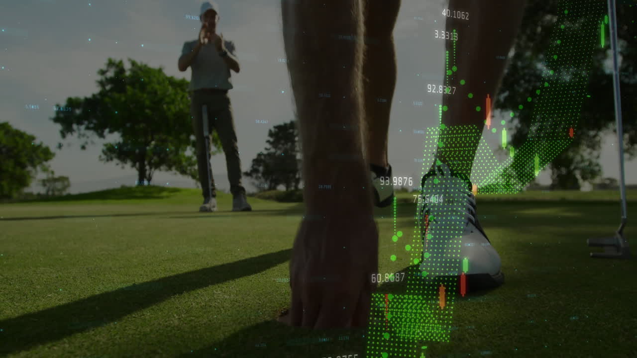 Golf instructor conducting training on green while partner watching with animated data overlays