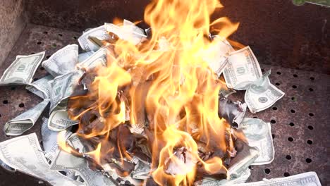 fake dollars are on fire. burning counterfeit money in the grill. concept of crisis, loss, recession or failure