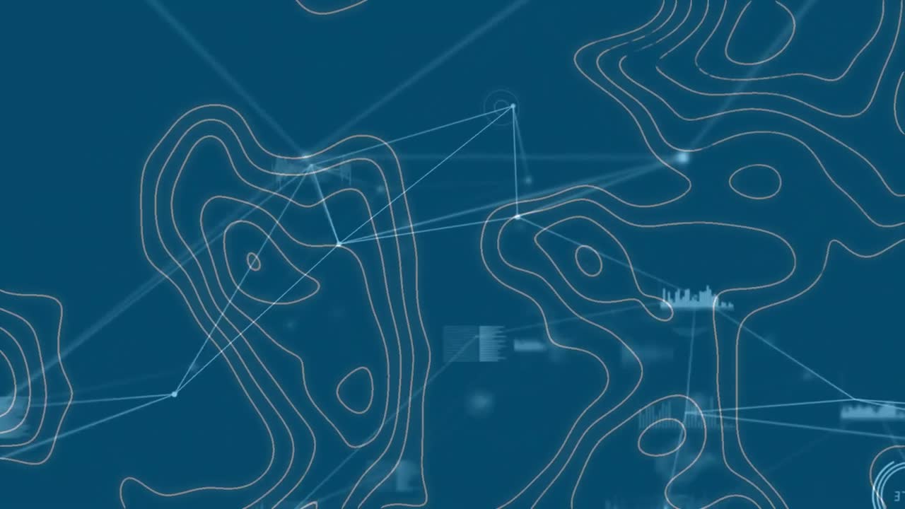 Animation of network of connections and data processing over shapes on blue background