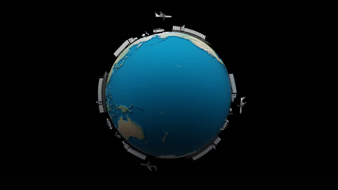 전 세계 화물 컨테이너 운송 컨셉, 다크 톤 컬러, 트럭과 밴, 전 세계 3d 렌더링 애니메이션 루프