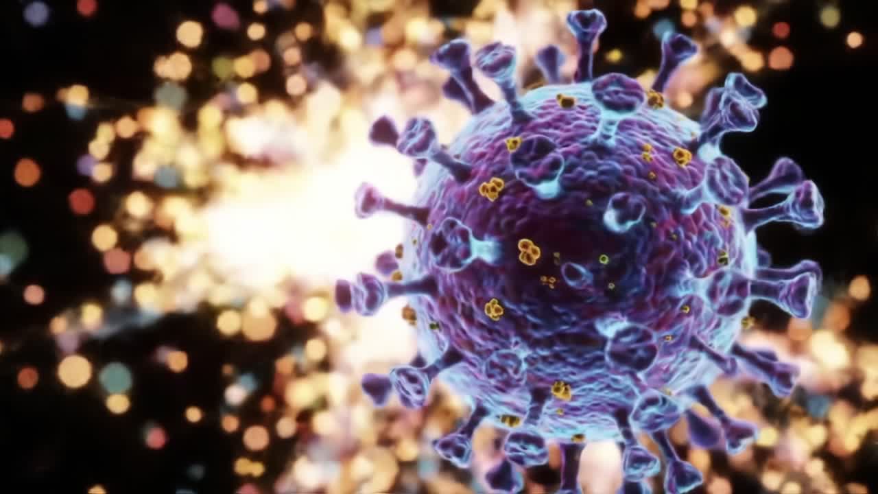 Intricate Close-Up Visualization of a Virus Structure with Unique Spikes and Colorful Particles Representing Infection Dynamics and Microbial Activity