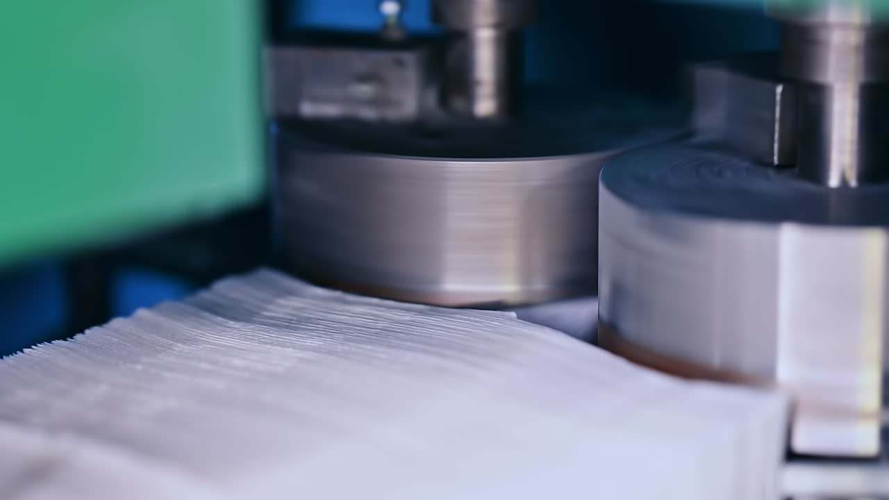 Two metal roller rotating and pushing the tissue for future diapers. Pieces of white cloth laid into a pile on the conveyor line. Diaper manufacturing close up.