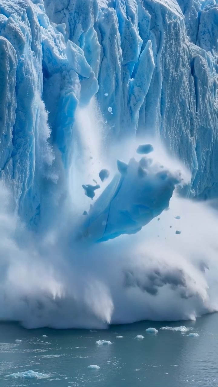 Cronologia incentrata sull'azione di un drammatico distacco di ghiacciaio da quasi l'inizio alla fine: una precoce frattura improvvisa da una ripida parete di ghiaccio bianco-blu lancia grandi blocchi.