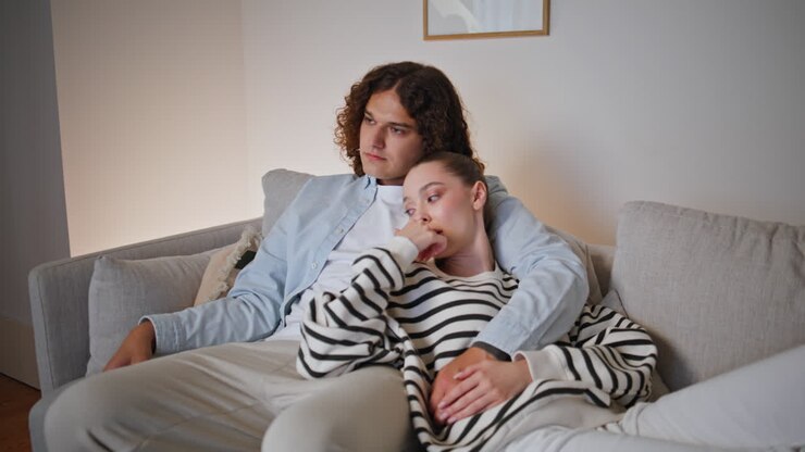 Una coppia d'amore che guarda un film in televisione seduta sul divano di casa la sera in primo piano