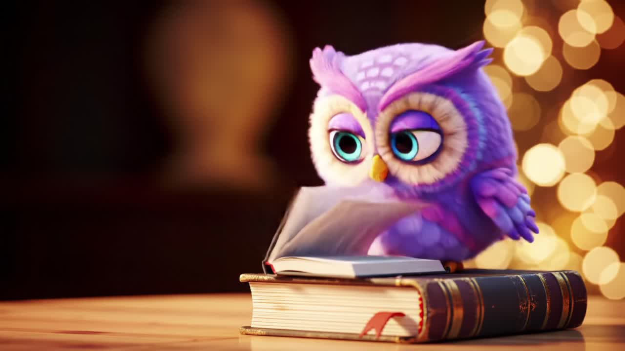 A Charming Animated Owl Delights in Reading a Book, Surrounded by a Warm, Glowing Ambiance of Soft Lights and Cozy Vibes in a Magical Setting