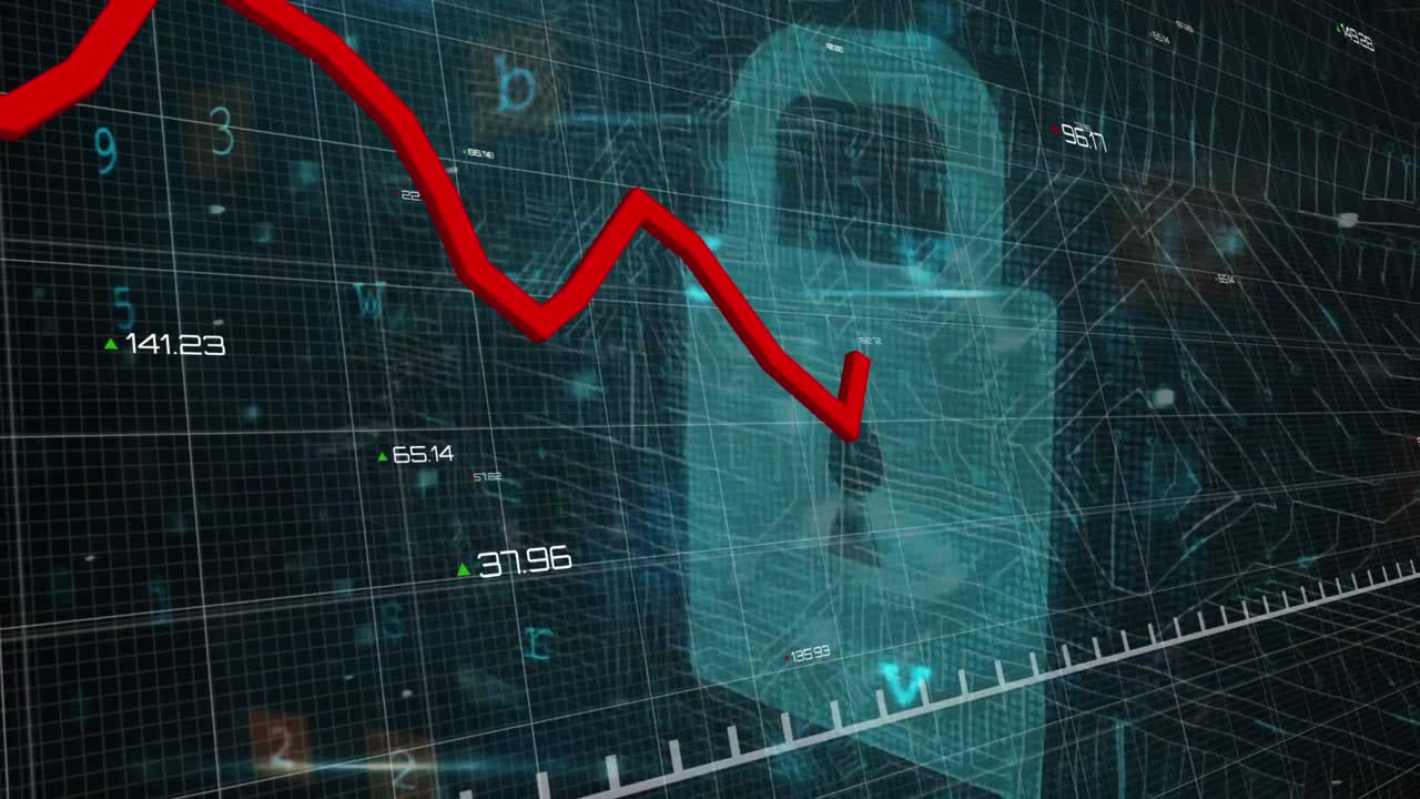 animación de la línea roja del gráfico de degradación en el patrón de cuadrícula sobre el bloqueo, el texto y el patrón de la placa de circuitos