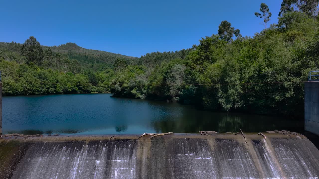 Dam Over The Rio Lerez In Campo Lameiro, Galicia, Spain. Aerial Ascending Shot