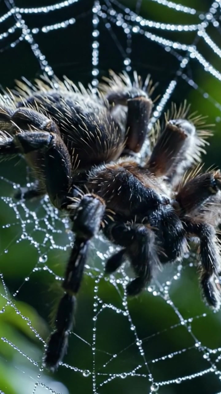 Et nærbilde av en tarantell uberørt i sitt nett, som fremhever naturens intrikate detaljer og edderkoppdyrenes skjønnhet i deres naturlige habitat.
