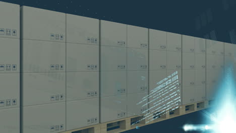 animation of statistics and data processing over cardboard boxes on conveyor belt in warehouse