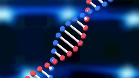 animación digital de la estructura del adn girando contra manchas azules de luz sobre fondo negro